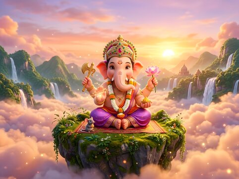 Majestic Divine Elephant God Seated on Ethereal Floating Cliff Amidst Golden Sunrise and Cascading Waterfalls in Celestial Paradise