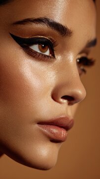 Hispanic beauty model wearing dramatic black cat eye eyeliner and luminous bronze makeup in a studio close up, highlighting eye cosmetics, glamorous makeup artistry and modern beauty trends