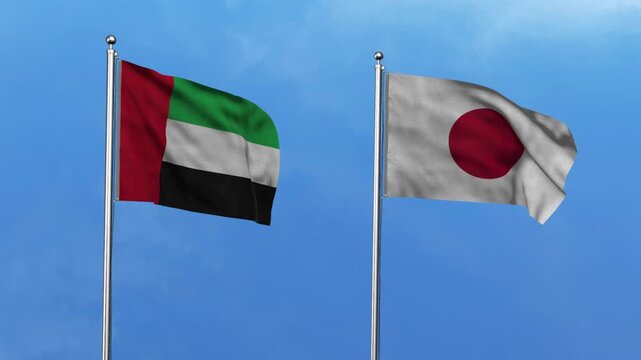 United Arab Emirates  and Japan Waving Flags, 3D Illustration