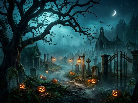 Mystical Moonlit Graveyard Pathway with Glowing Jack-O'-Lanterns and Ancient Stone Monuments Under a Hauntingly Beautiful Night Sky
