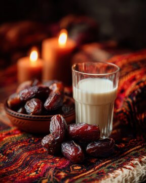 Dates and glass of milk arranged for Ramadan iftar with warm candlelight and traditional textile. Muslim fasting, hospitality and peaceful family gathering after sunset during the holy month.