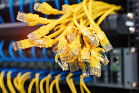 many RJ45 head of UTP LAN network cable and Lots of Ethernet cables background for connect computer and network devices to switch or hub modem router in cabinet.