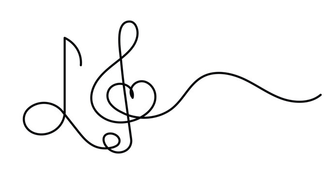 Music note treble clef heart continuous line art with editable stroke for romantic melody vector design