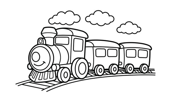 Cartoon steam train coloring page chugging on railway under fluffy clouds.