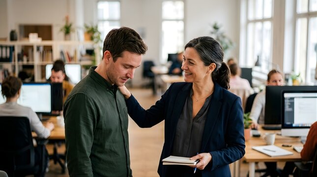 Professional female manager comforting a sad male employee in office