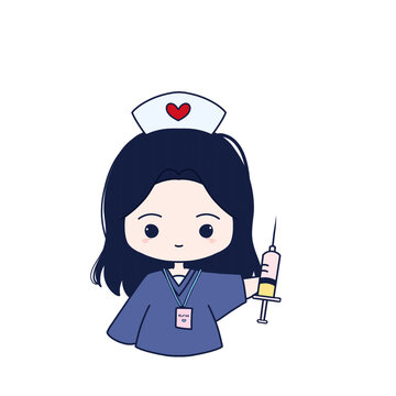 Illustration of Little girl wearing Nurse Hat and holding the Injection PNG Transparent - Dark Blue