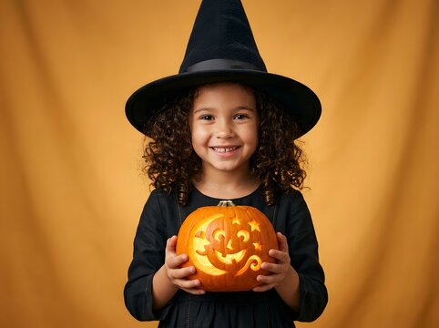 Young girl in black witch costume joyfully holding a glowing carved pumpkin with smiling jack-o'-lantern face against warm golden backdrop