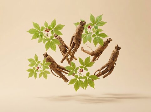 Fresh ginseng roots with green leaves floating in the air on a light background. american ginseng