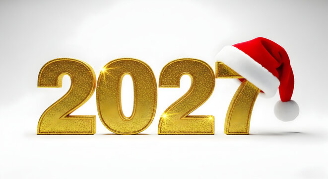 A festive golden 2027 text design featuring a santa hat to celebrate happy christmas day and happy new year 2027 with elegant holiday season style