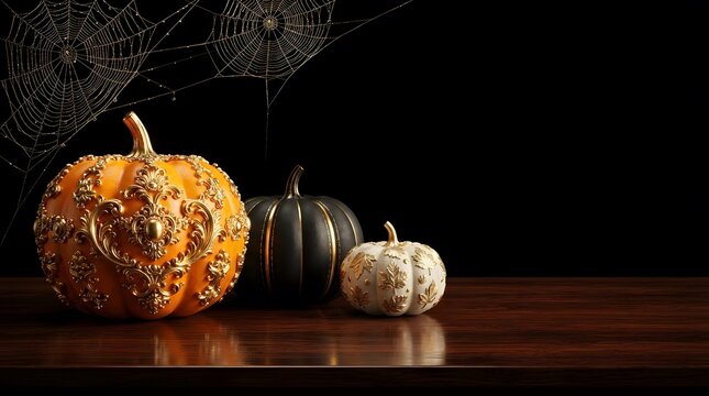 Three decorative pumpkins with gold ornaments and spider webs on a dark black background