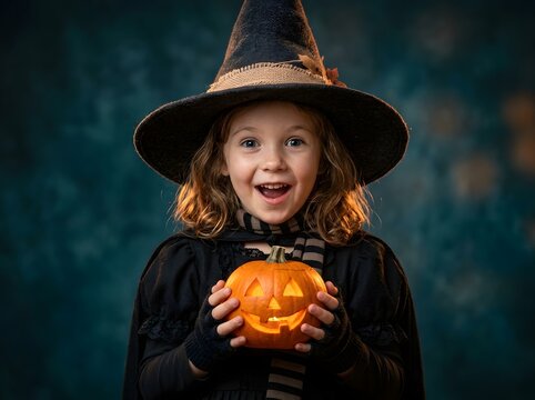 Young Witch in Classic Costume Joyfully Holding a Glowing Jack-O'-Lantern with Warm Lighting Against Moody Blue Background