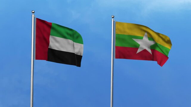 United Arab Emirates  and Myanmar Waving Flags, 3D Illustration