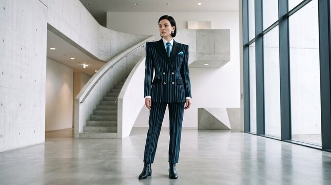 Confident professional woman in a tailored suit standing in a modern office building lobby.