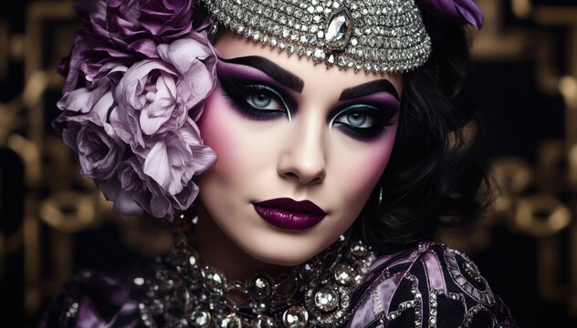 A striking portrait of a woman with dramatic purple makeup, ornate jewelry, and a large floral headpiece, exuding elegance and mystery.