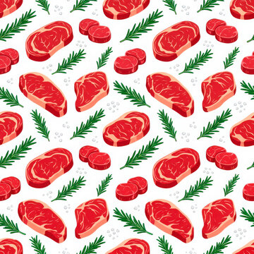 Red meat steaks and rosemary leaves seamless pattern on background, beef generated using ai