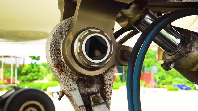 Macro close up of airplane landing gear hydraulic actuator hinge pivot joint cylinder piston and mechanical locking pin assembly during routine maintenance service inspection in hangar