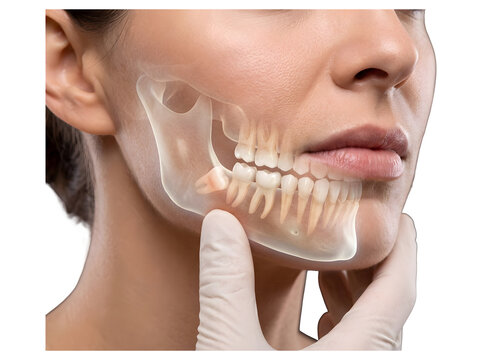Dentist examining woman jaw showing impacted wisdom tooth in lower jawbone