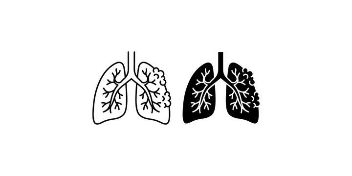 Anatomy of human lungs icon set showing healthy and diseased respiratory system structures.