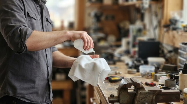 Artisan Carefully Applying Lubricant to a Cloth for Precision Maintenance Work in a Well-Equipped Professional Workshop Environment
