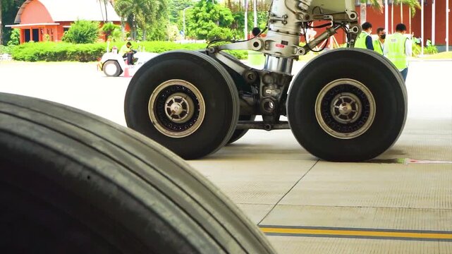 Low angle side shot of commercial aircraft landing gear wheels and hydraulic strut assembly parked on airport tarmac with blurred foreground tire and background maintenance personnel working