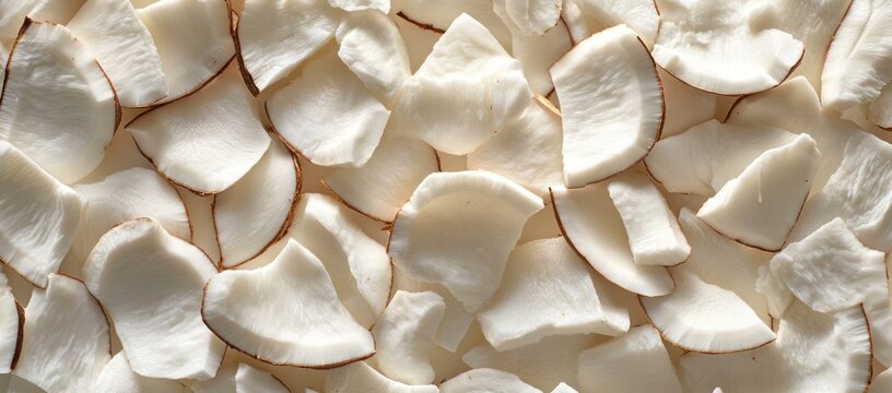 Top view of dried coconut chips scattered on a flat surface.