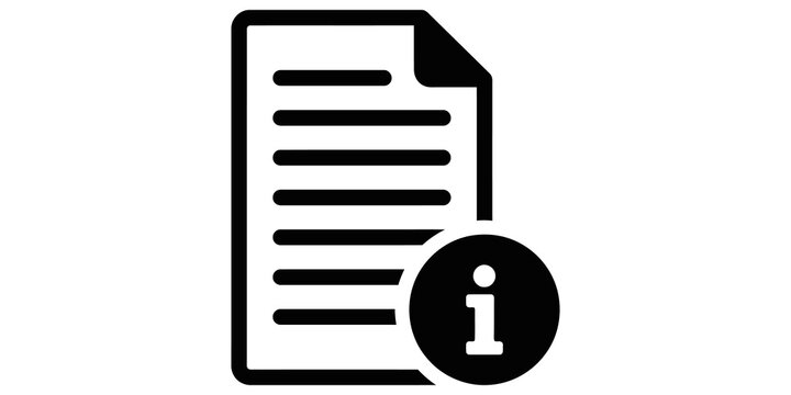 Information document icon showing file sheet with lowercase letter i badge in black color.