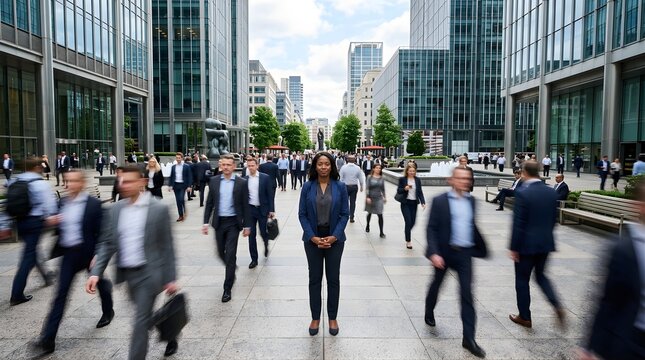 Professional woman standing still while business people walk in city square