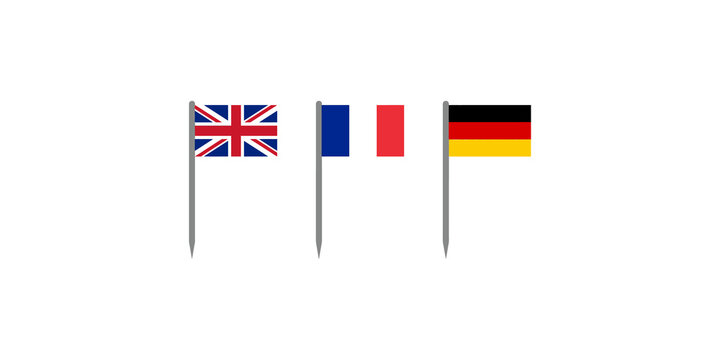 Small toothpick flags of United Kingdom France and Germany on pins.