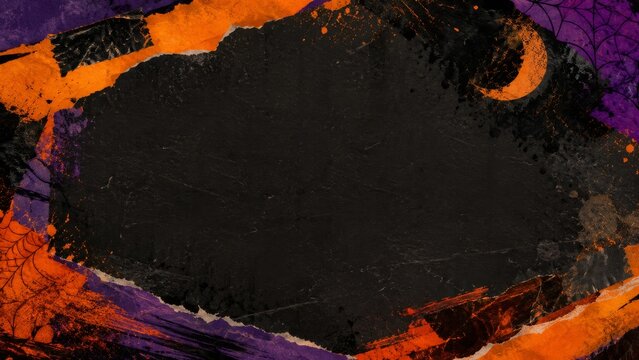 Halloween grunge collage background with black paper, orange crescent moon, bats, purple texture and spooky copy space
