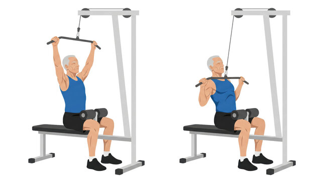 Senior man performing seated lat pulldown on weight machine in gym demonstrating controlled pulling motion for back strength and resistance training