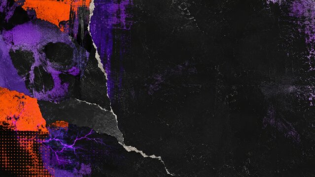 Dark Halloween grunge background with purple skull, orange paint, lightning, torn paper texture and copy space