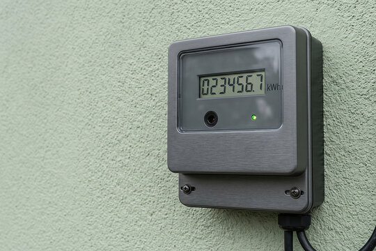 Digital electricity meter with lcd screen mounted on a textured light green generated using ai