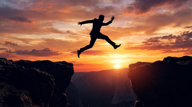 Business man silhouette jumping over a gap between two rocky cliffs during a beautiful sunset