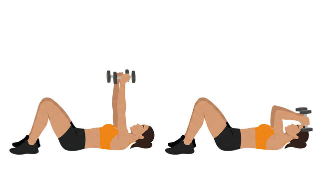 Woman performing lying dumbbell chest press and skull crusher triceps extension on floor mat in indoor workout sequence focused on strength and muscle conditioning