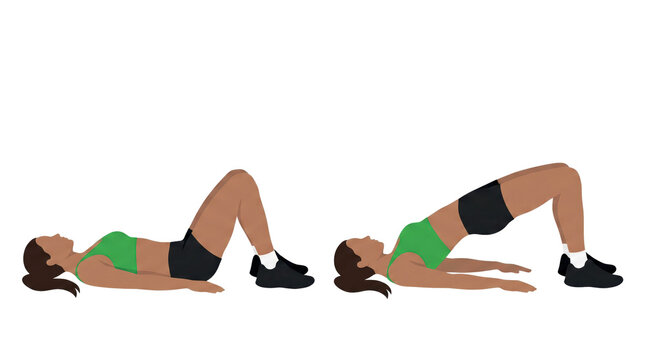 Woman performing glute bridge progression from lying rest to hip lift on floor mat targeting glutes hamstrings and core stability in controlled strengthening workout routine