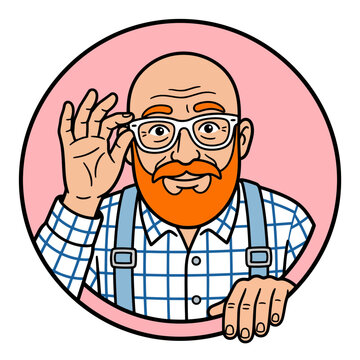 Bald man with glasses peering out from a light pink solid color circle. Flat vector illustration.