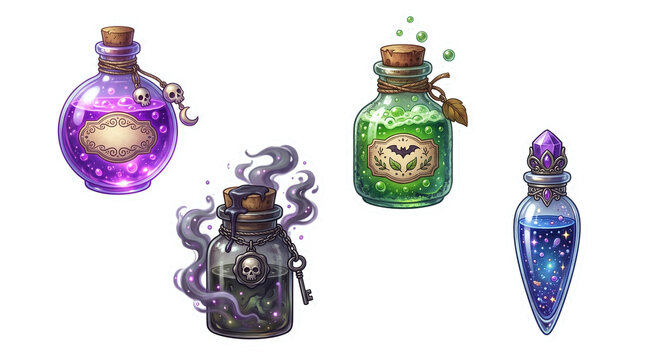 Set of four magical pixel art potion bottles for fantasy game design