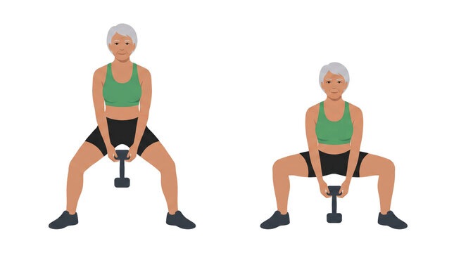Senior woman performing wide stance dumbbell goblet squat demonstrating lower body strength and controlled movement for fitness training and functional wellness