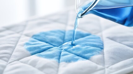 Naklejka premium Blue liquid is being poured onto a white mattress with a quilted surface, creating a visible wet stain.