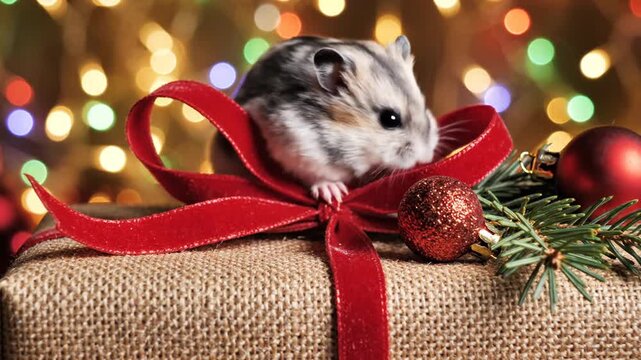 Hamster peeking from a Christmas gift box with red ribbon