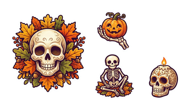 Pixel art halloween skull icons with autumn leaves and jack o lantern