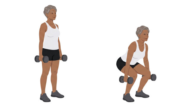 Older woman performing standing dumbbell deadlift and squat progression demonstrating lower body strength training, balance and proper lifting technique