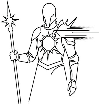 Minimalist Futuristic Knight Line Art Vector Illustration with Holy Sun Emblem Armor and Star Staff Weapon for Gaming Merch and SciFi Apparel Printing Designs