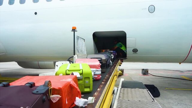 Airport ground crew loading colorful passenger luggage suitcases onto conveyor belt loader into airplane cargo hold compartment area before flight departure on tarmac during ground handling operations