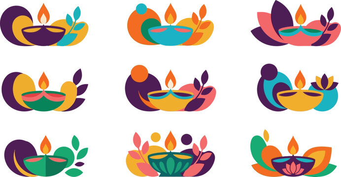 A collection of colorful flat vector illustrations featuring the traditional diwali diya lamp for indian festival of lights celebration design elements