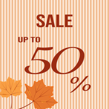 Fall promotion background with autumn leaves and 50% off text. Flat vector illustration. 50% off banner, sale discount, promotion offer.