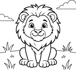 Fototapeta premium Cute cartoon lion sitting in the grass, coloring page for kids