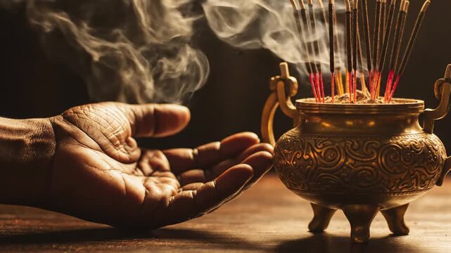 Hand reaching toward burning incense burner with rising smoke