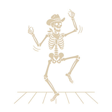 Dancing Cowboy Skeleton in Western Hat Retro Vintage Illustration