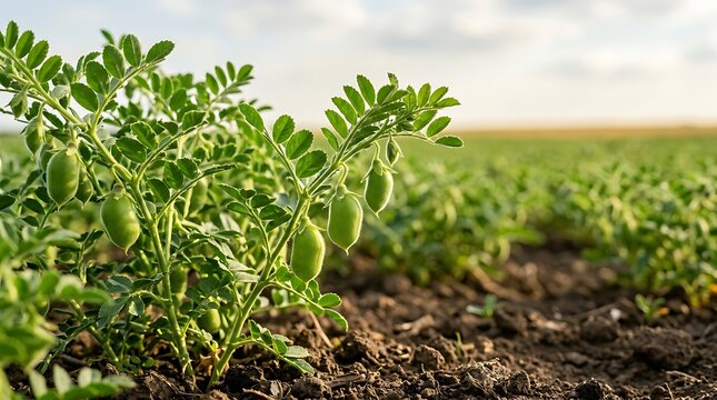 Green chickpea plants growing in a fertile agricultural field under a bright sunny sky during daytime